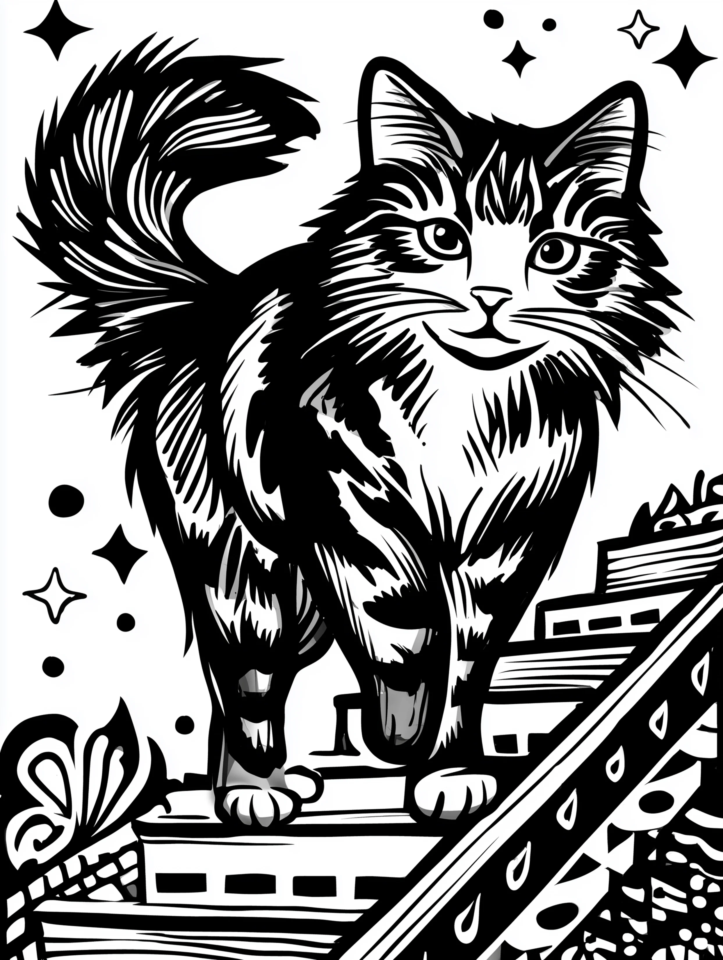 Free printable summer coloring page for adults featuring a cat on outdoor stairs